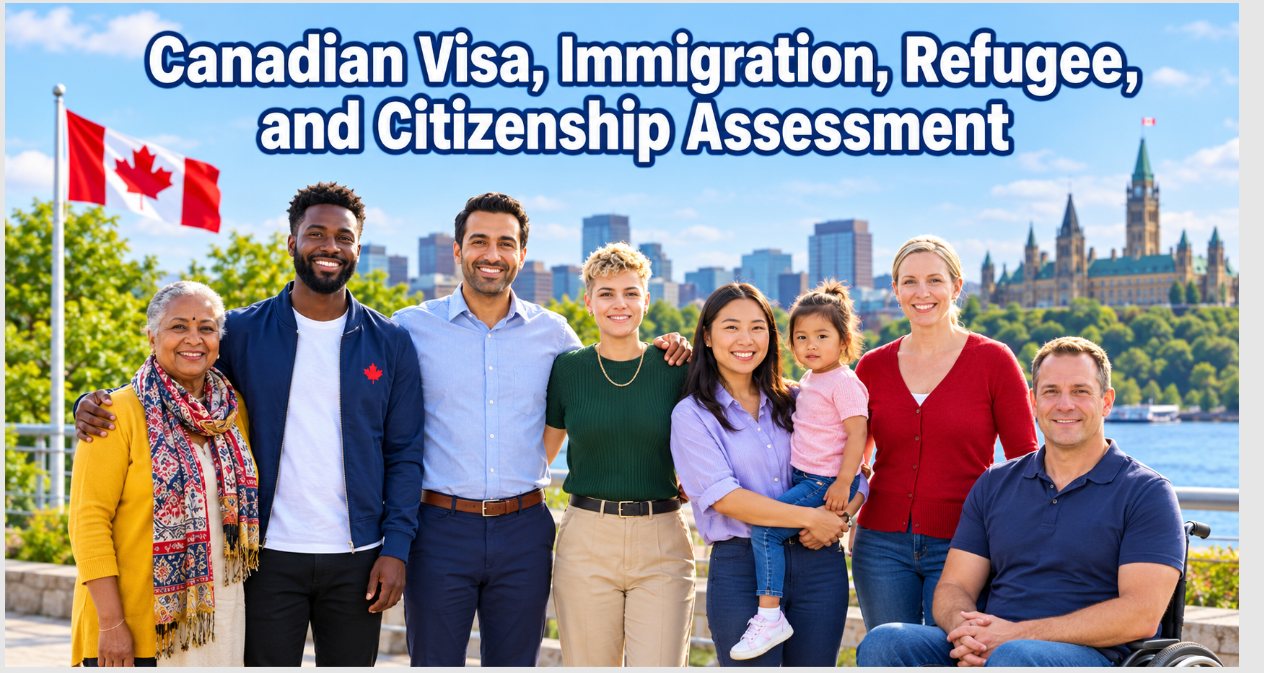 Évaluation de visa, d’immigration, de statut de réfugié et de citoyenneté canadiens : un groupe diversifié de personnes souriantes devant le drapeau canadien et la Colline du Parlement